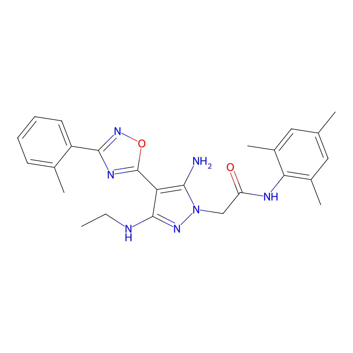 2-(5-amino-3-(ethylamino)-4-(3-(o-tolyl)-1,2,4-oxadiazol-5-yl)-1H-pyrazol-1-yl)-N-mesitylacetamide molecular structure, CAS 1172746-01-8