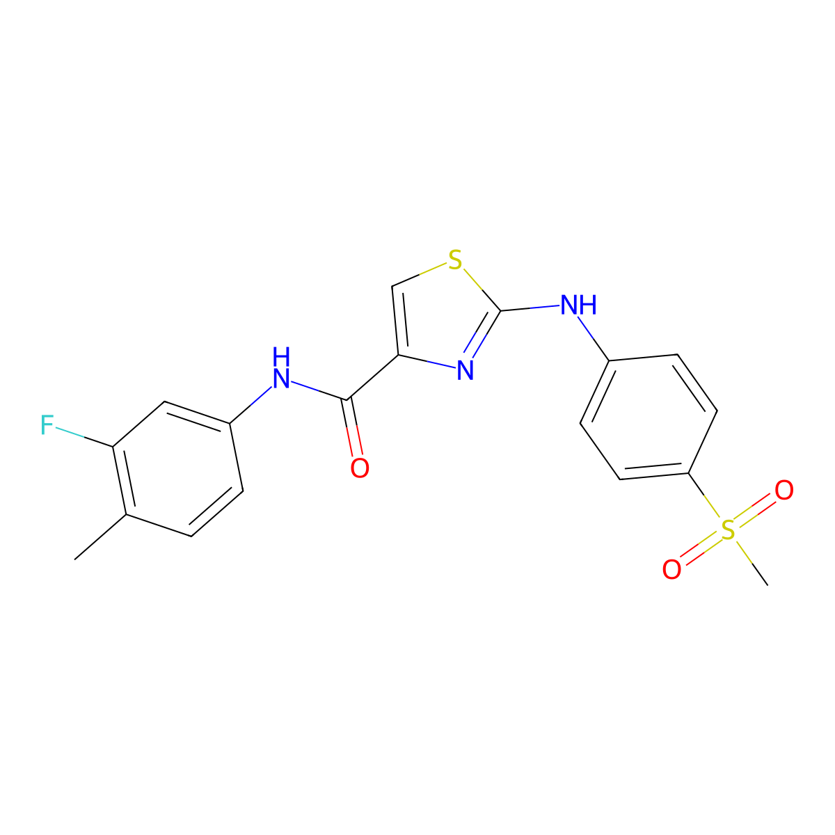 N-(3-fluoro-4-methylphenyl)-2-((4-(methylsulfonyl)phenyl)amino)thiazole-4-carboxamide molecular structure, CAS 1172746-83-6