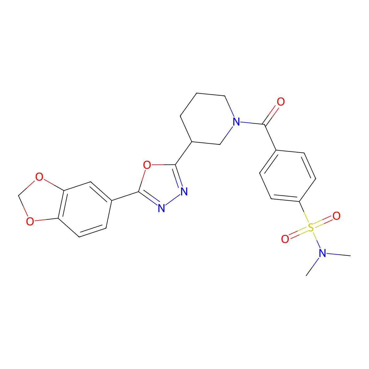 4-(3-(5-(benzo[d][1,3]dioxol-5-yl)-1,3,4-oxadiazol-2-yl)piperidine-1-carbonyl)-N,N-dimethylbenzenesulfonamide molecular structure, CAS 1172749-60-8