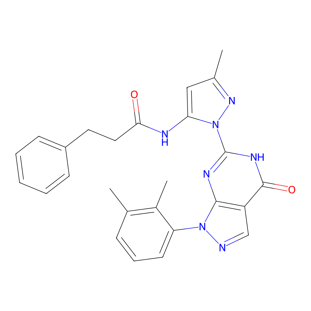 N-{1-[1-(2,3-dimethylphenyl)-4-oxo-1H,4H,5H-pyrazolo[3,4-d]pyrimidin-6-yl]-3-methyl-1H-pyrazol-5-yl}-3-phenylpropanamide molecular structure, CAS 1172749-61-9
