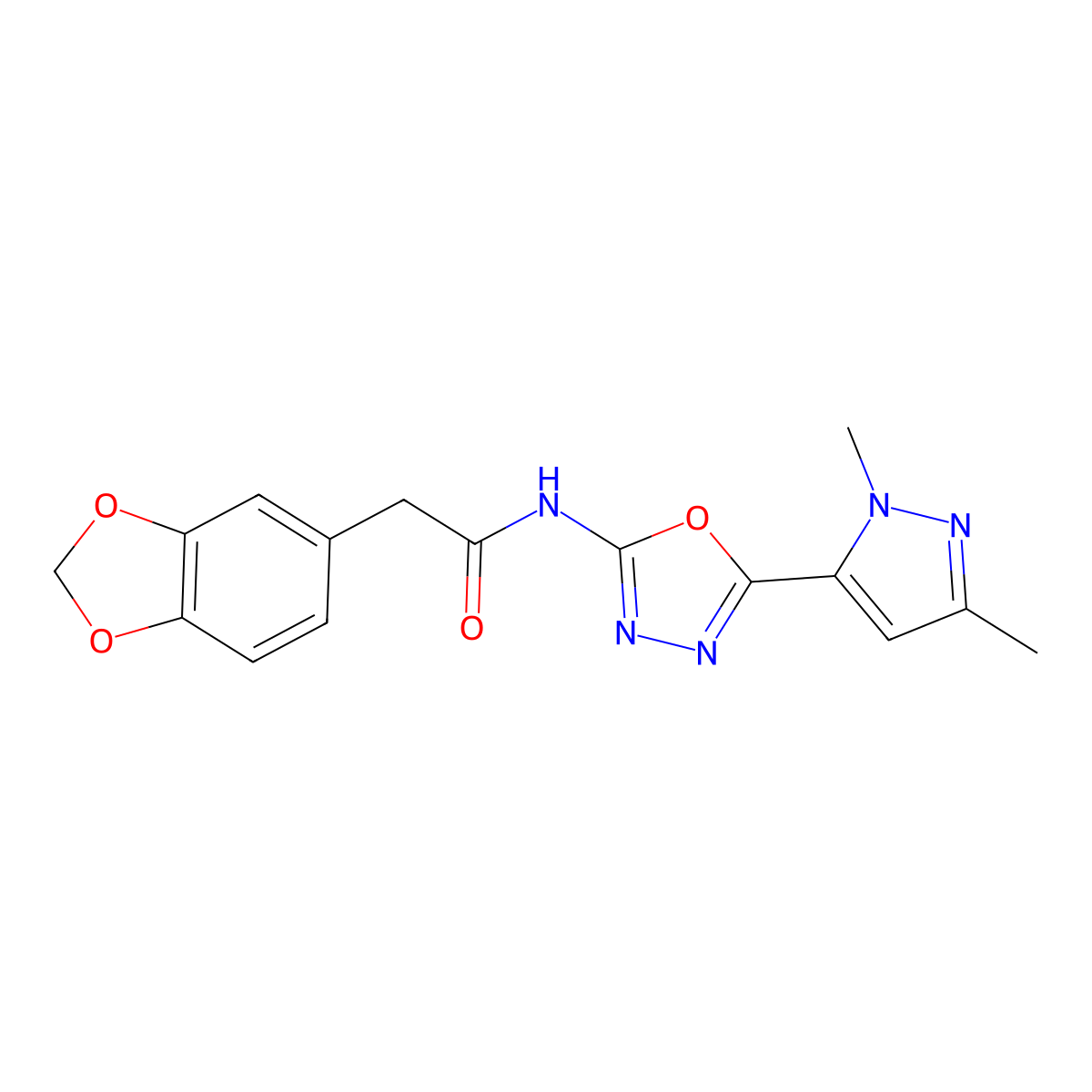 2-(2H-1,3-benzodioxol-5-yl)-N-[5-(1,3-dimethyl-1H-pyrazol-5-yl)-1,3,4-oxadiazol-2-yl]acetamide molecular structure, CAS 1172750-30-9