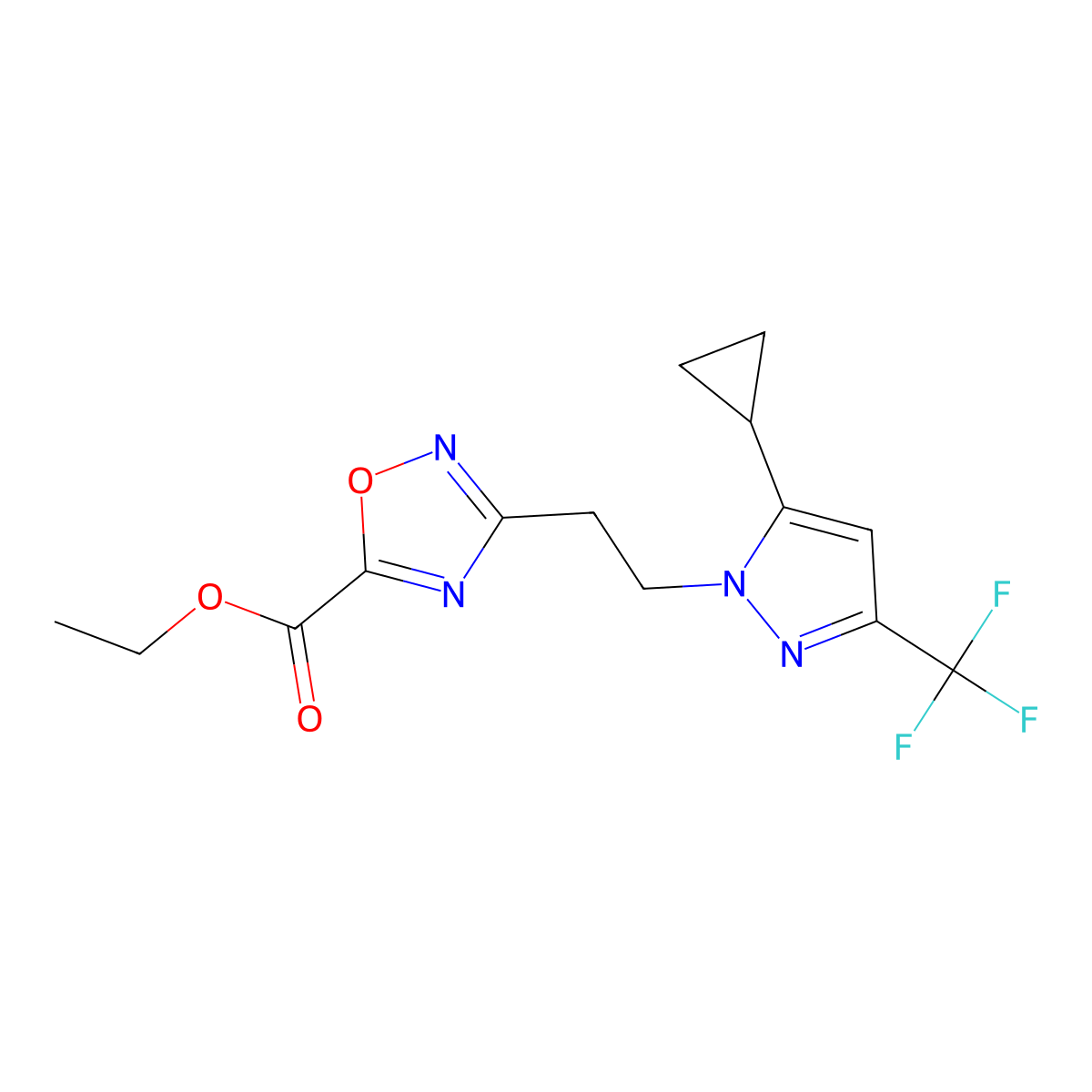 Ethyl 3-(2-(5-cyclopropyl-3-(trifluoromethyl)-1H-pyrazol-1-yl)ethyl)-1,2,4-oxadiazole-5-carboxylate molecular structure, CAS 1172750-87-6