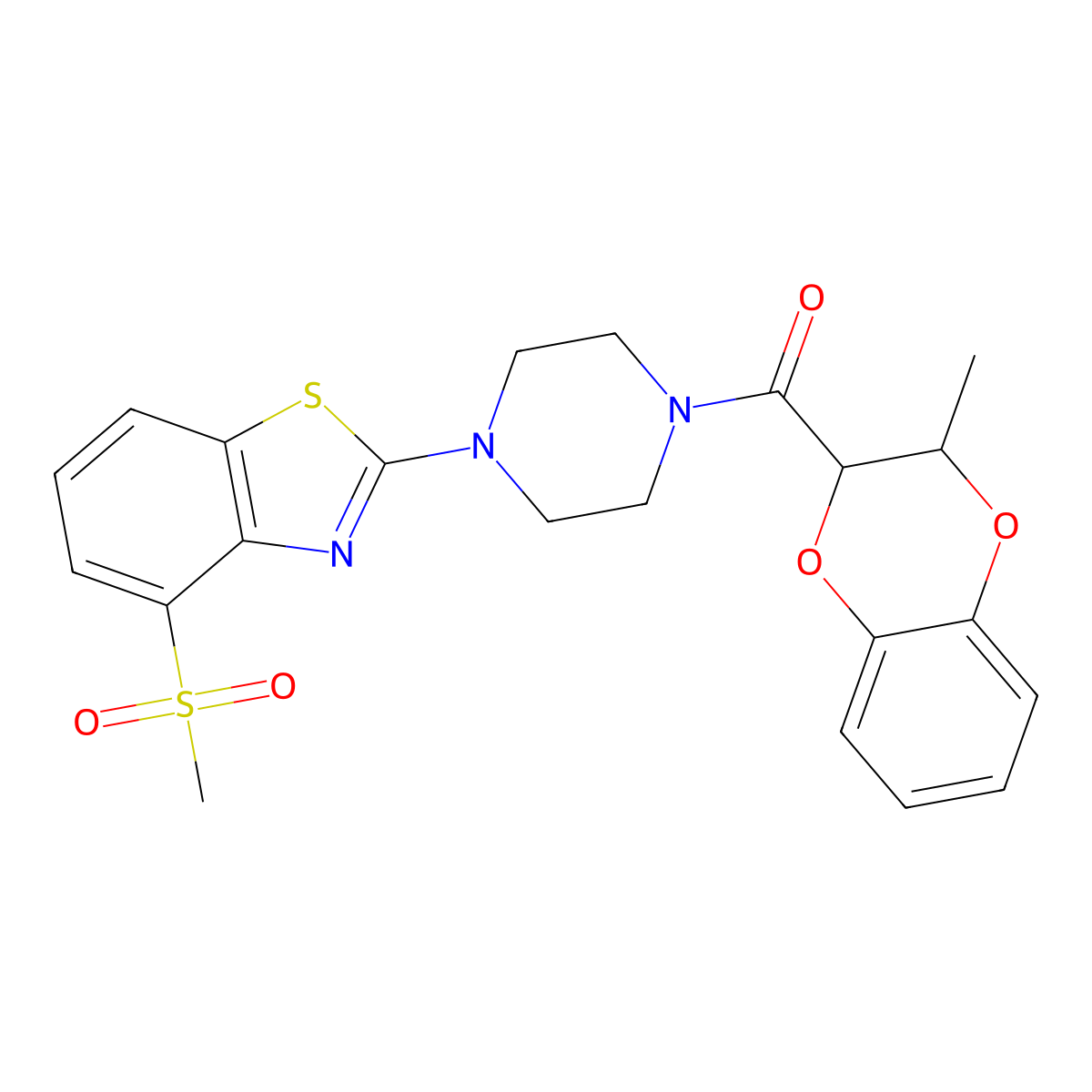 (3-Methyl-2,3-dihydrobenzo[b][1,4]dioxin-2-yl)(4-(4-(methylsulfonyl)benzo[d]thiazol-2-yl)piperazin-1-yl)methanone molecular structure, CAS 1172751-34-6