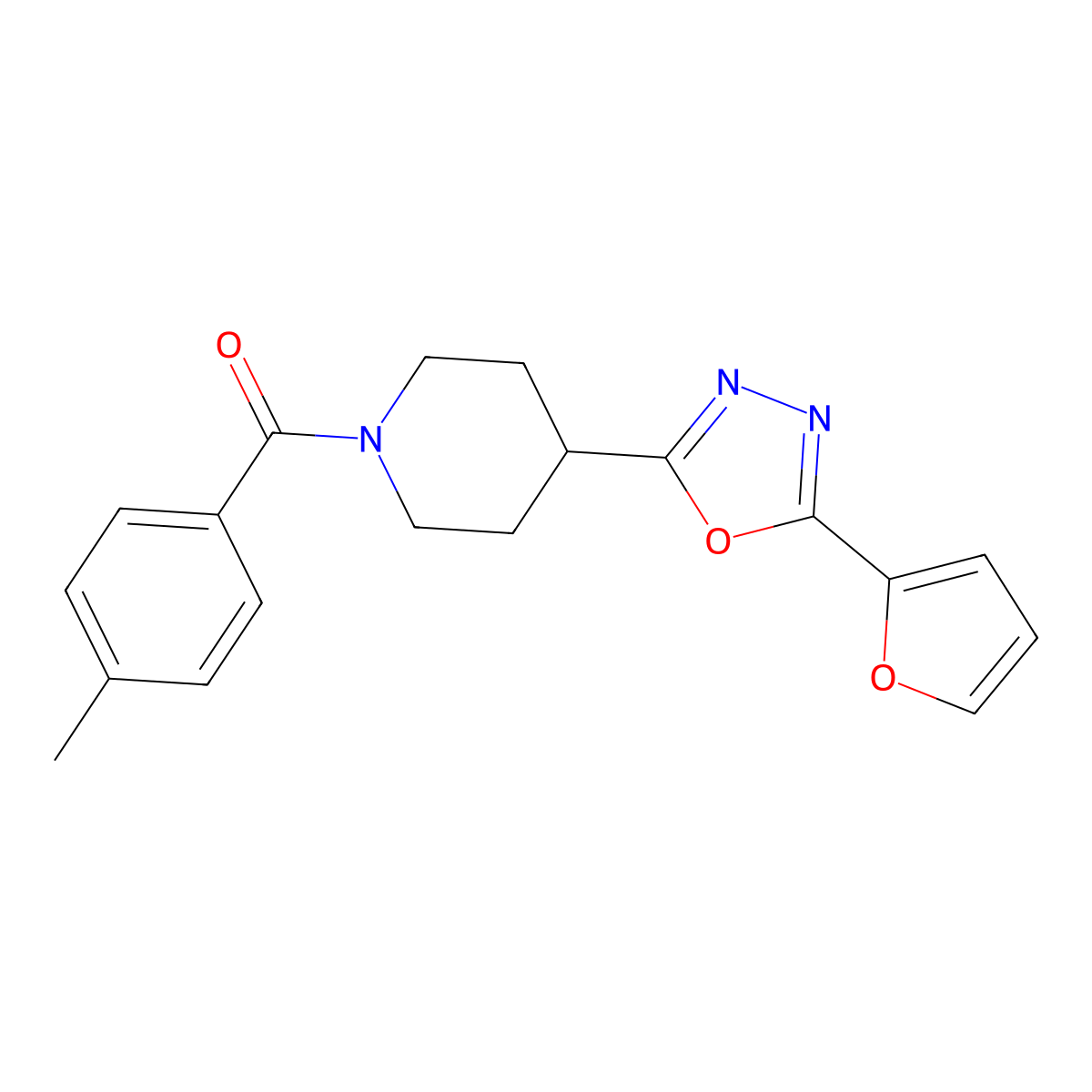 (4-(5-(Furan-2-yl)-1,3,4-oxadiazol-2-yl)piperidin-1-yl)(p-tolyl)methanone molecular structure, CAS 1172752-74-7