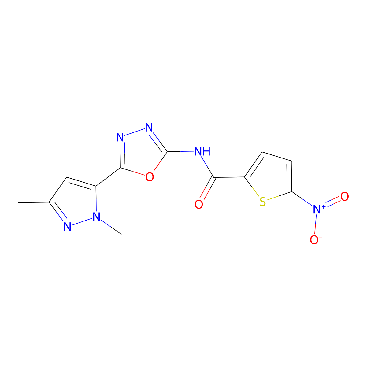 N-(5-(1,3-dimethyl-1H-pyrazol-5-yl)-1,3,4-oxadiazol-2-yl)-5-nitrothiophene-2-carboxamide molecular structure, CAS 1172755-34-8