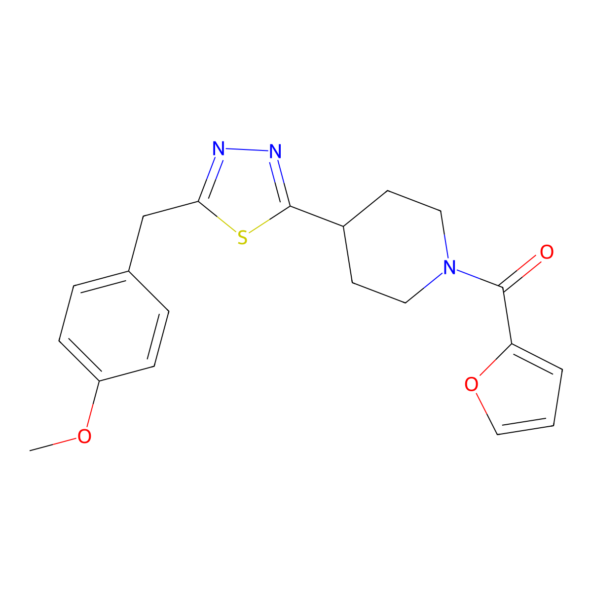 Furan-2-yl(4-(5-(4-methoxybenzyl)-1,3,4-thiadiazol-2-yl)piperidin-1-yl)methanone molecular structure, CAS 1172756-37-4