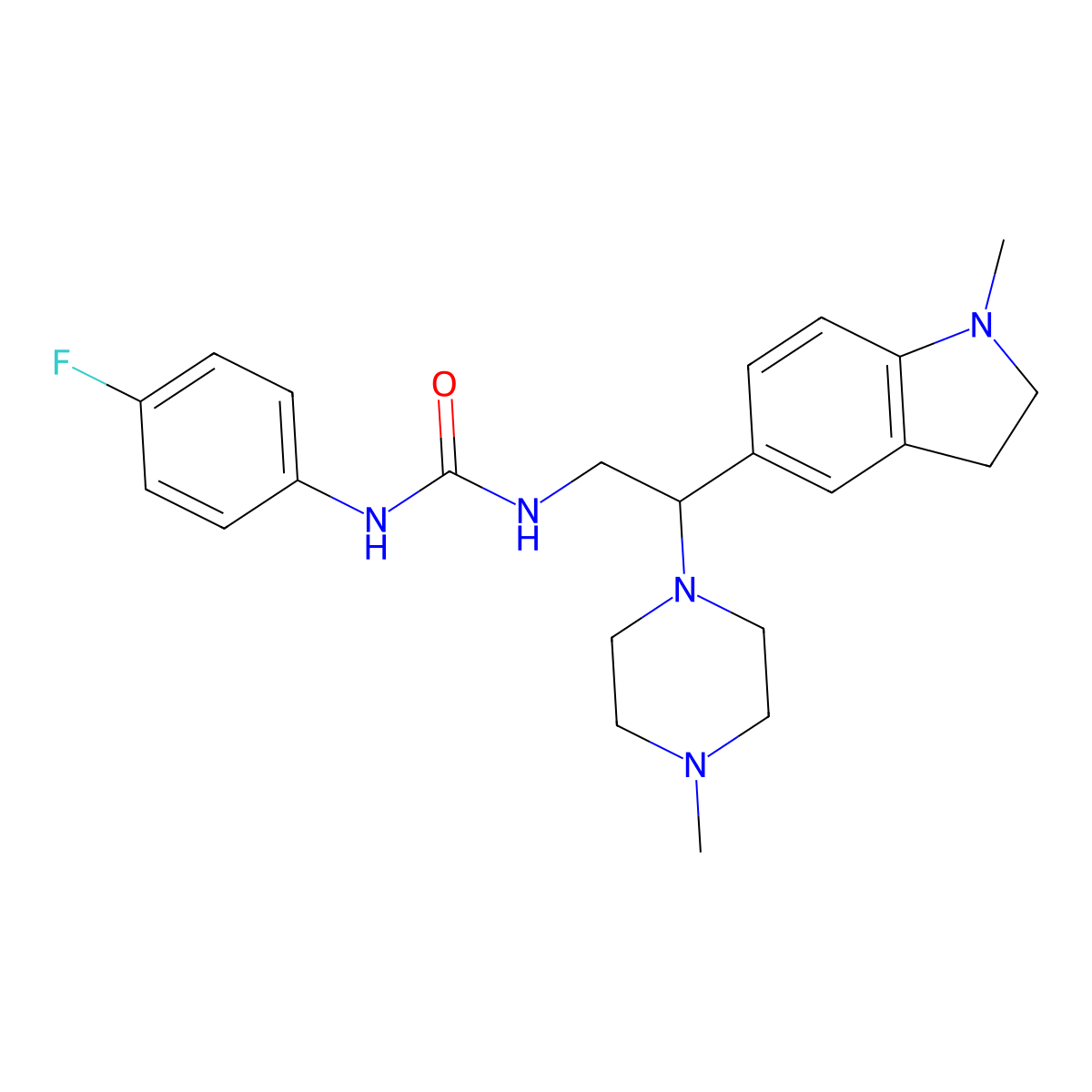 1-(4-fluorophenyl)-3-[2-(1-methyl-2,3-dihydro-1H-indol-5-yl)-2-(4-methylpiperazin-1-yl)ethyl]urea molecular structure, CAS 1172756-75-0