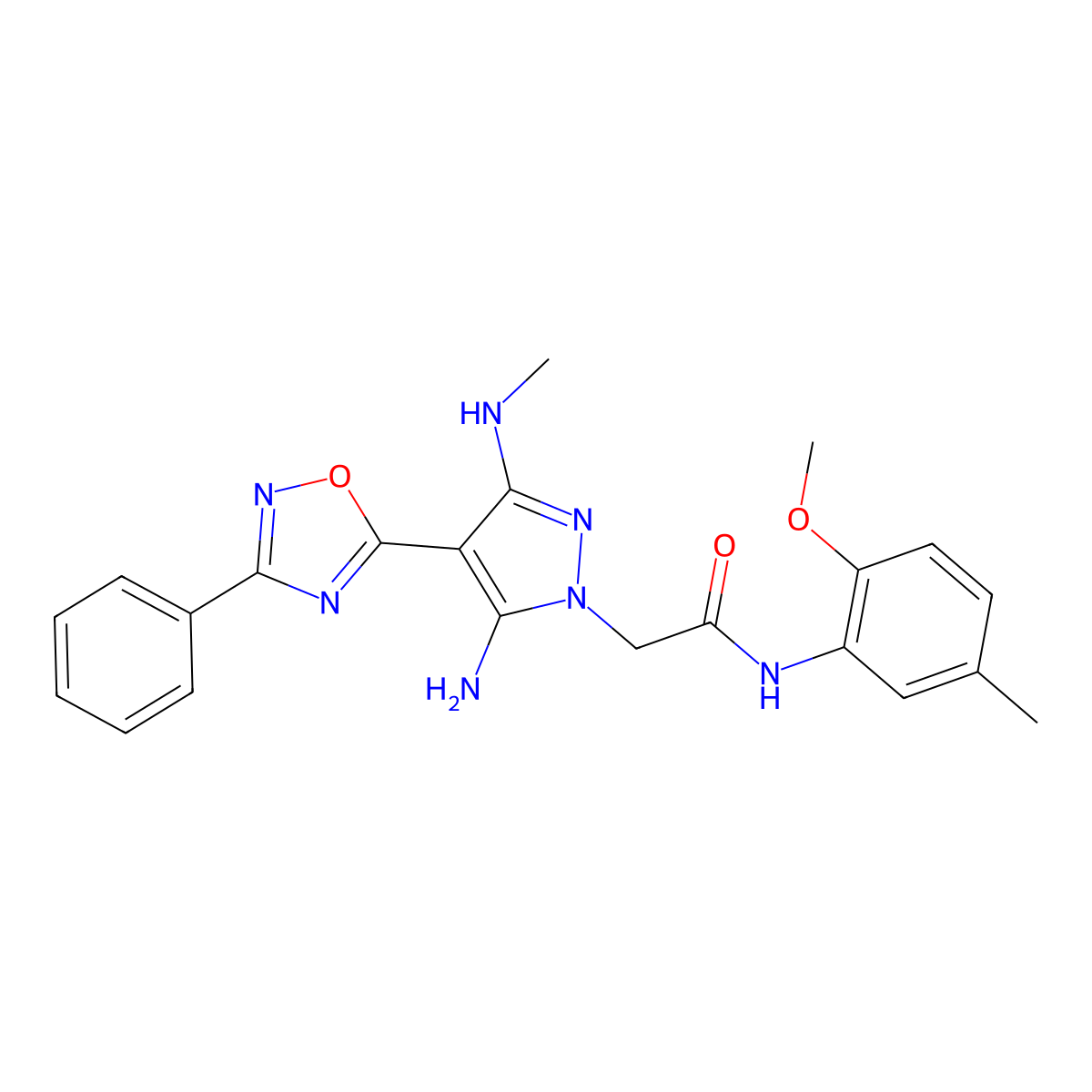 2-(5-amino-3-(methylamino)-4-(3-phenyl-1,2,4-oxadiazol-5-yl)-1H-pyrazol-1-yl)-N-(2-methoxy-5-methylphenyl)acetamide molecular structure, CAS 1172757-42-4