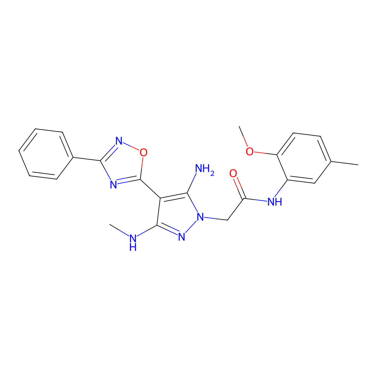 2-(5-amino-3-(methylamino)-4-(3-phenyl-1,2,4-oxadiazol-5-yl)-1H-pyrazol-1-yl)-N-(2-methoxy-5-methylphenyl)acetamide molecular structure, CAS 1172757-42-4