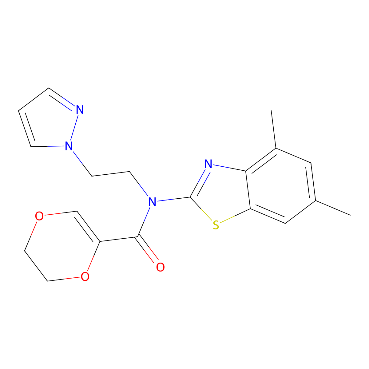 N-(2-(1H-pyrazol-1-yl)ethyl)-N-(4,6-dimethylbenzo[d]thiazol-2-yl)-5,6-dihydro-1,4-dioxine-2-carboxamide molecular structure, CAS 1172757-81-1