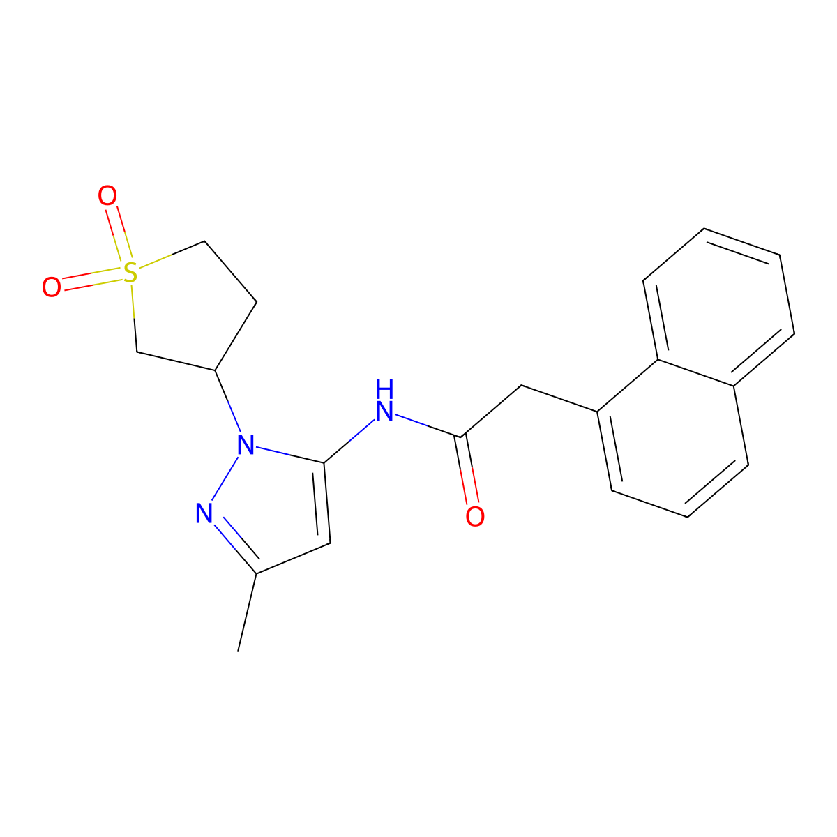 N-(1-(1,1-dioxidotetrahydrothiophen-3-yl)-3-methyl-1H-pyrazol-5-yl)-2-(naphthalen-1-yl)acetamide molecular structure, CAS 1172758-25-6
