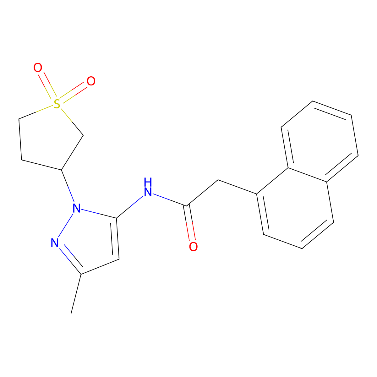 N-(1-(1,1-dioxidotetrahydrothiophen-3-yl)-3-methyl-1H-pyrazol-5-yl)-2-(naphthalen-1-yl)acetamide molecular structure, CAS 1172758-25-6