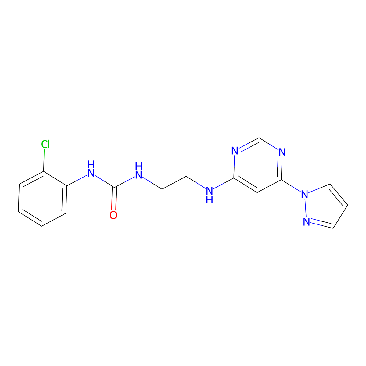 1-(2-((6-(1H-pyrazol-1-yl)pyrimidin-4-yl)amino)ethyl)-3-(2-chlorophenyl)urea molecular structure, CAS 1172759-67-9