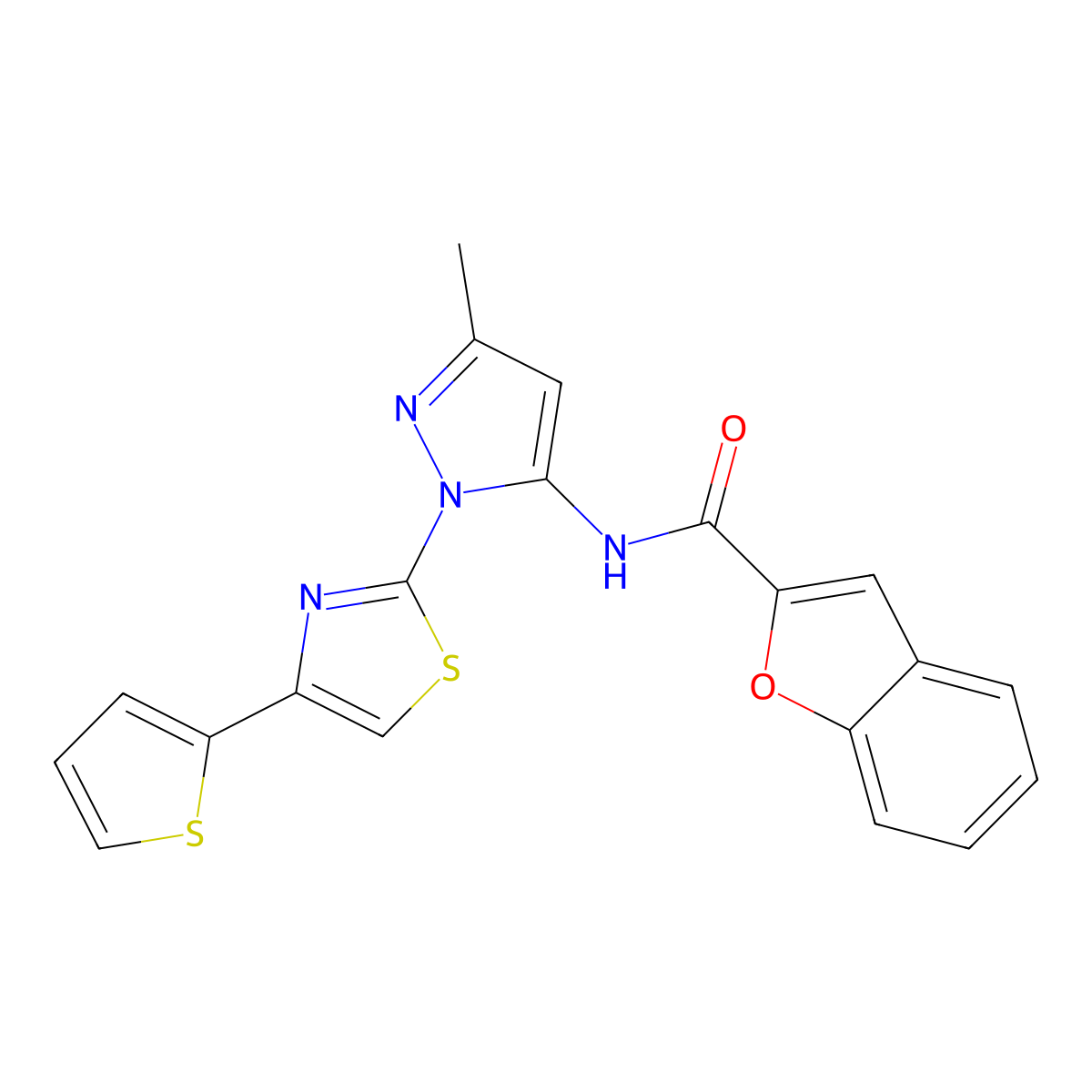 N-(3-methyl-1-(4-(thiophen-2-yl)thiazol-2-yl)-1H-pyrazol-5-yl)benzofuran-2-carboxamide molecular structure, CAS 1172760-34-7