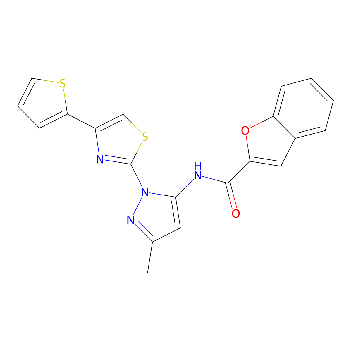 N-(3-methyl-1-(4-(thiophen-2-yl)thiazol-2-yl)-1H-pyrazol-5-yl)benzofuran-2-carboxamide molecular structure, CAS 1172760-34-7