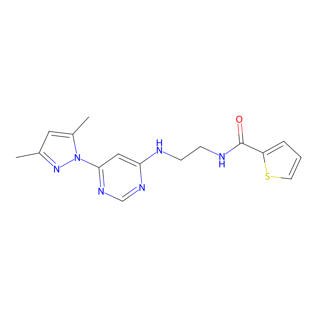 N-(2-((6-(3,5-dimethyl-1H-pyrazol-1-yl)pyrimidin-4-yl)amino)ethyl)thiophene-2-carboxamide molecular structure, CAS 1172761-22-6