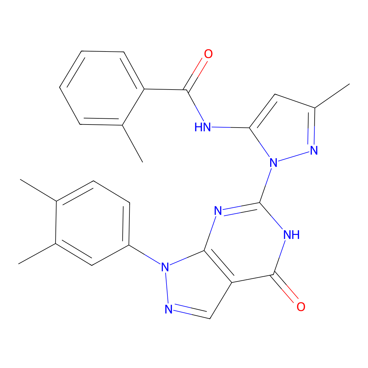 N-(1-(1-(3,4-dimethylphenyl)-4-oxo-4,5-dihydro-1H-pyrazolo[3,4-d]pyrimidin-6-yl)-3-methyl-1H-pyrazol-5-yl)-2-methylbenzamide molecular structure, CAS 1172761-50-0