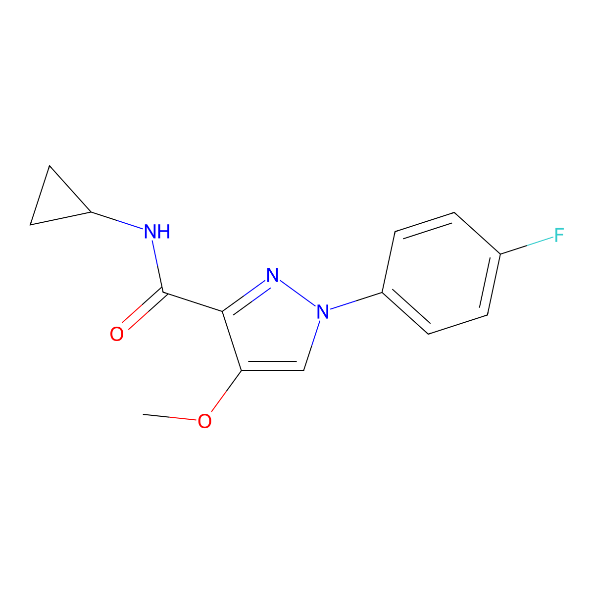 N-cyclopropyl-1-(4-fluorophenyl)-4-methoxy-1H-pyrazole-3-carboxamide molecular structure, CAS 1172762-86-5