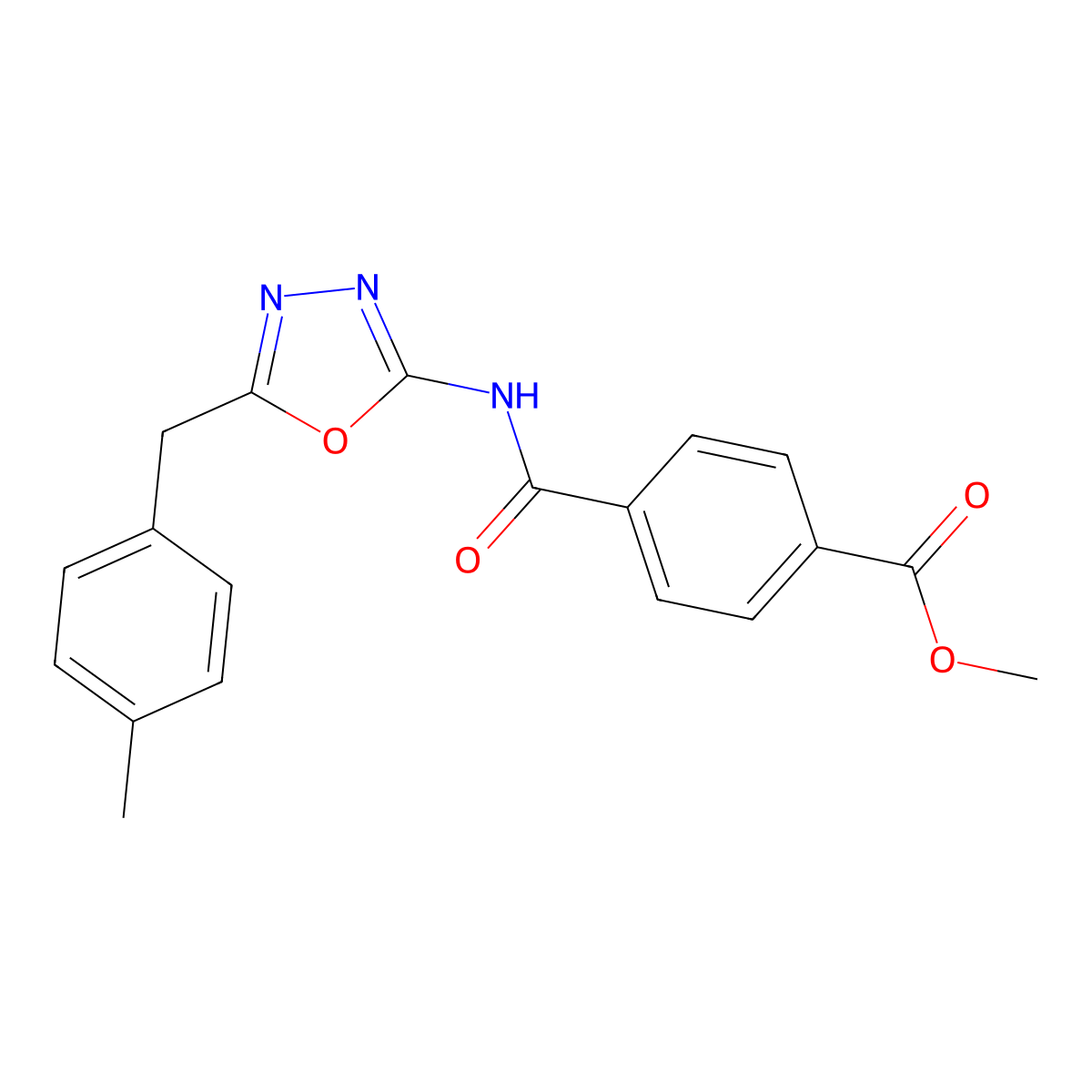 Methyl 4-((5-(4-methylbenzyl)-1,3,4-oxadiazol-2-yl)carbamoyl)benzoate molecular structure, CAS 1172763-25-5