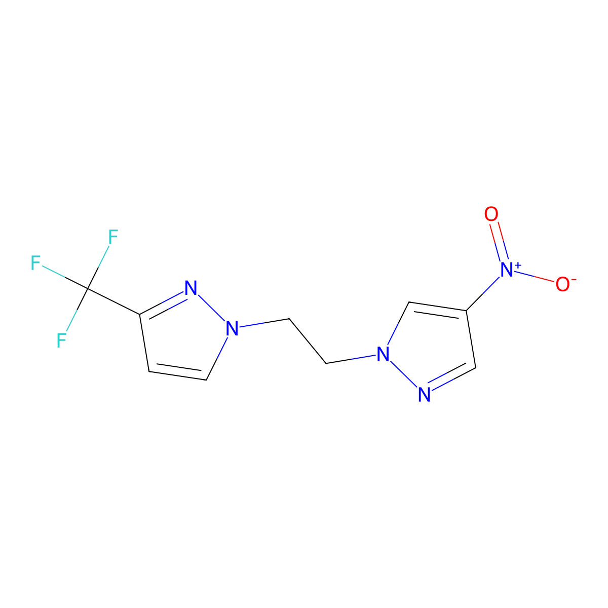 4-Nitro-1-(2-(3-(trifluoromethyl)-1H-pyrazol-1-yl)ethyl)-1H-pyrazole molecular structure, CAS 1172763-48-2