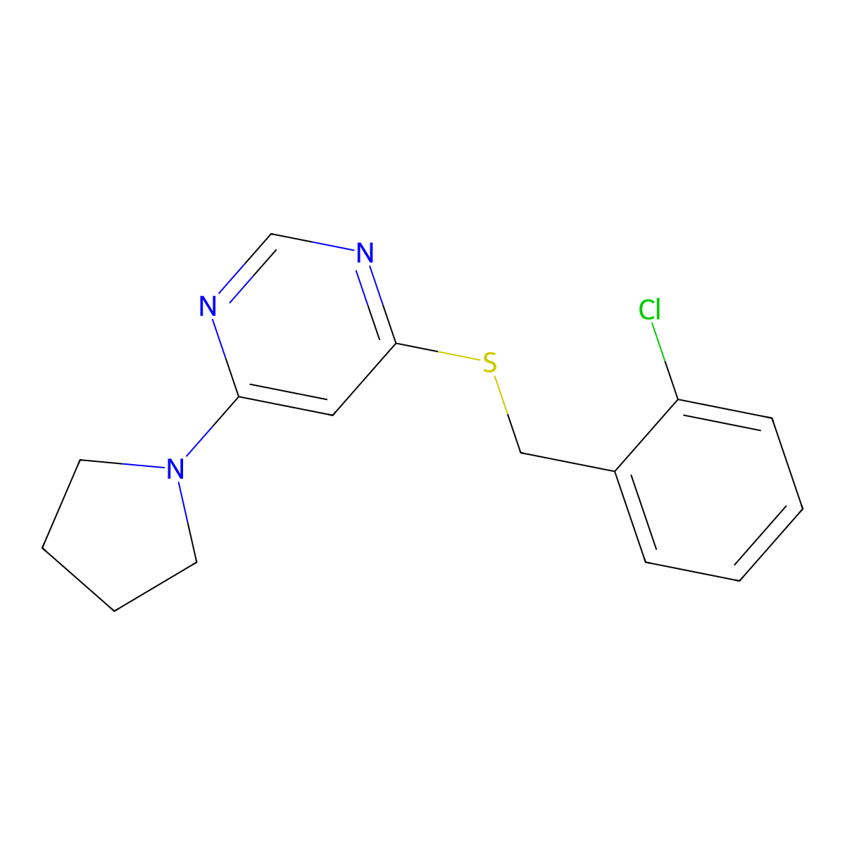 4-((2-Chlorobenzyl)thio)-6-(pyrrolidin-1-yl)pyrimidine molecular structure, CAS 1172764-03-2