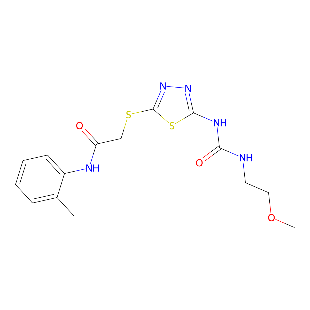 2-((5-(3-(2-methoxyethyl)ureido)-1,3,4-thiadiazol-2-yl)thio)-N-(o-tolyl)acetamide molecular structure, CAS 1172765-08-0