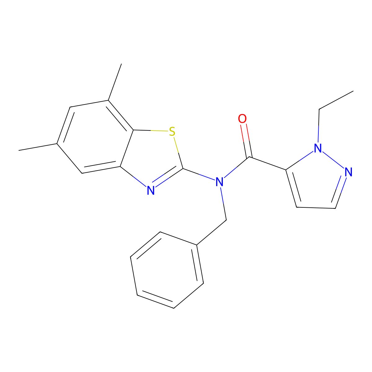 N-benzyl-N-(5,7-dimethylbenzo[d]thiazol-2-yl)-1-ethyl-1H-pyrazole-5-carboxamide molecular structure, CAS 1172769-01-5
