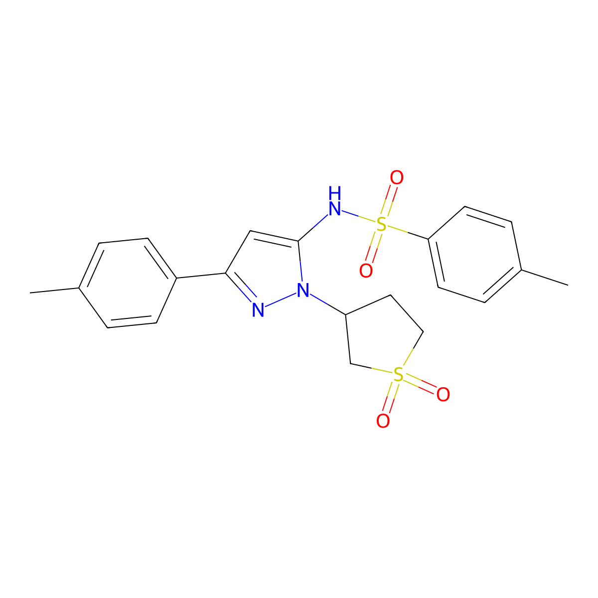 N-(1-(1,1-dioxidotetrahydrothiophen-3-yl)-3-(p-tolyl)-1H-pyrazol-5-yl)-4-methylbenzenesulfonamide molecular structure, CAS 1172769-03-7