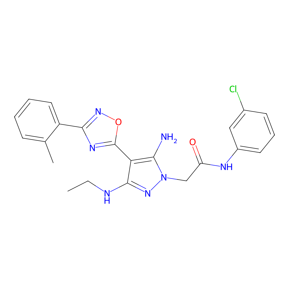 2-(5-amino-3-(ethylamino)-4-(3-(o-tolyl)-1,2,4-oxadiazol-5-yl)-1H-pyrazol-1-yl)-N-(3-chlorophenyl)acetamide molecular structure, CAS 1172770-67-0