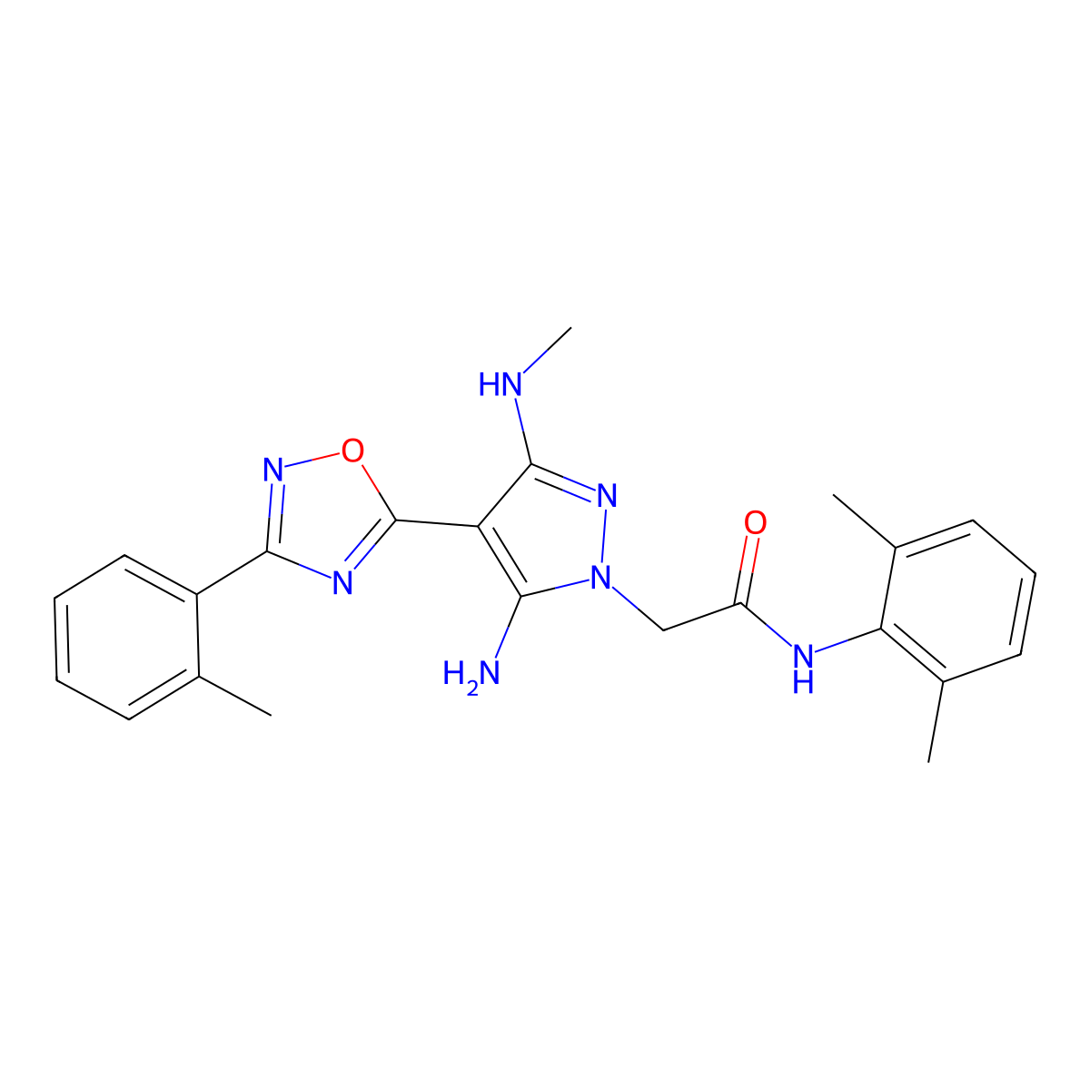 2-(5-amino-3-(methylamino)-4-(3-(o-tolyl)-1,2,4-oxadiazol-5-yl)-1H-pyrazol-1-yl)-N-(2,6-dimethylphenyl)acetamide molecular structure, CAS 1172771-38-8