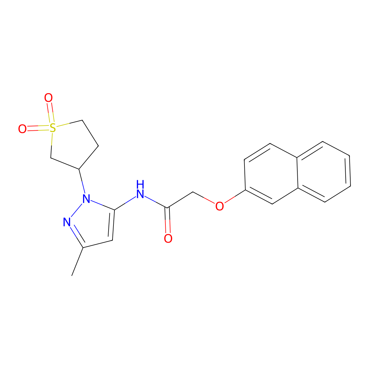 N-(1-(1,1-dioxidotetrahydrothiophen-3-yl)-3-methyl-1H-pyrazol-5-yl)-2-(naphthalen-2-yloxy)acetamide molecular structure, CAS 1172772-30-3