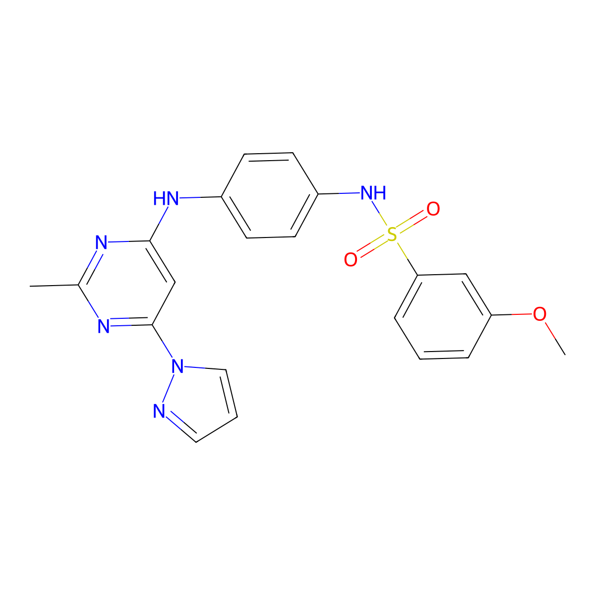3-methoxy-N-(4-((2-methyl-6-(1H-pyrazol-1-yl)pyrimidin-4-yl)amino)phenyl)benzenesulfonamide molecular structure, CAS 1172773-78-2