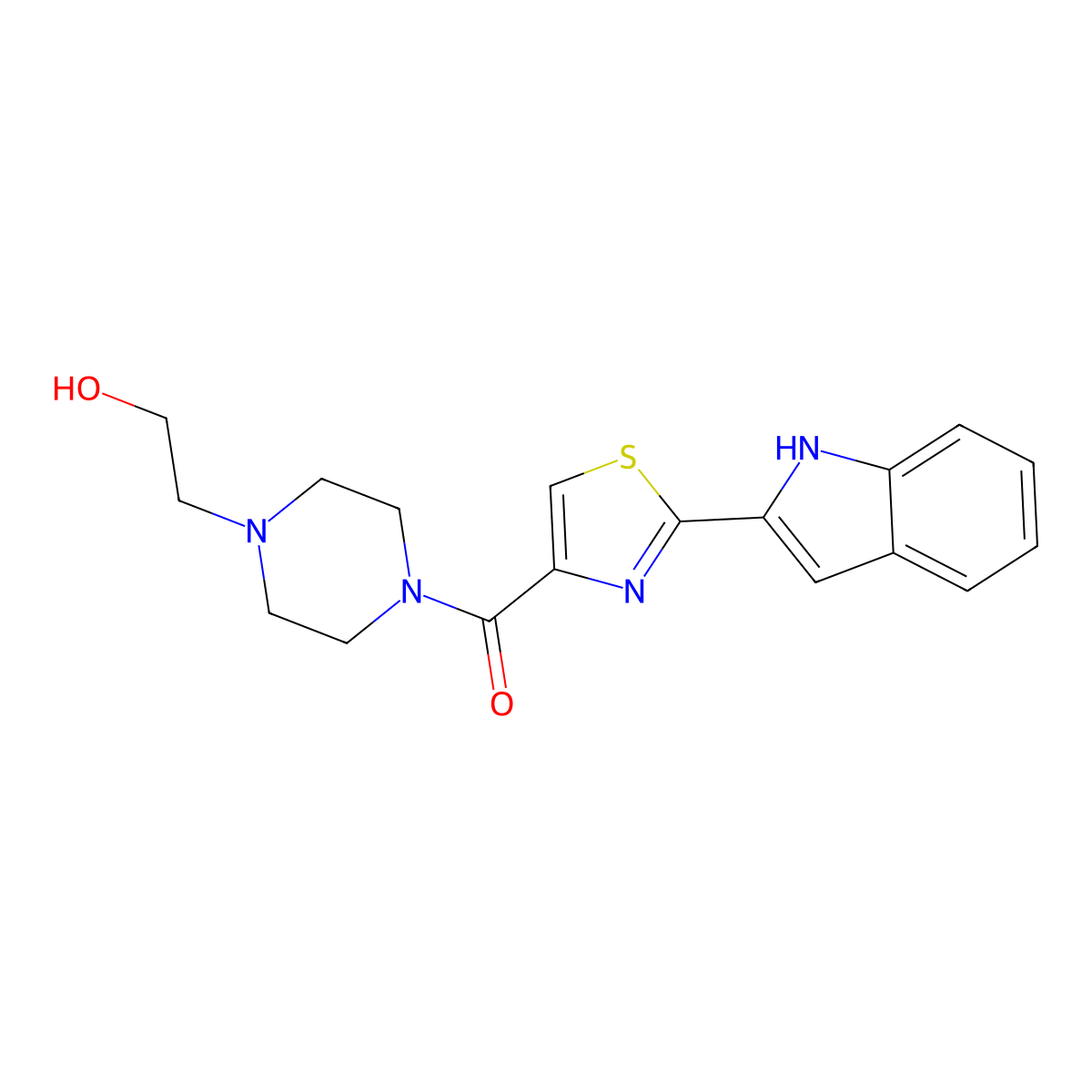 (2-(1H-indol-2-yl)thiazol-4-yl)(4-(2-hydroxyethyl)piperazin-1-yl)methanone molecular structure, CAS 1172774-39-8