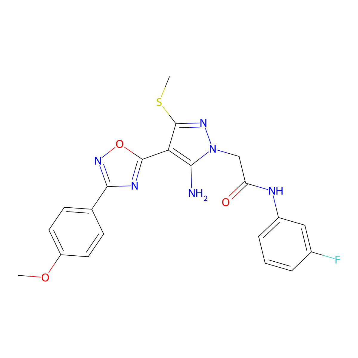 2-{5-amino-4-[3-(4-methoxyphenyl)-1,2,4-oxadiazol-5-yl]-3-(methylsulfanyl)-1H-pyrazol-1-yl}-N-(3-fluorophenyl)acetamide molecular structure, CAS 1172776-55-4