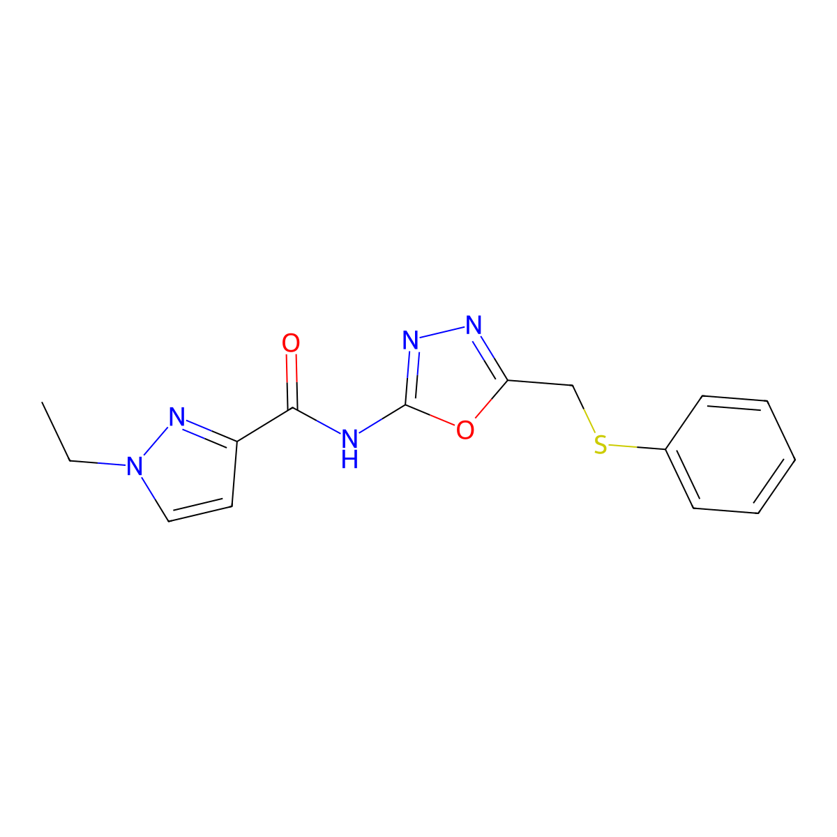 1-ethyl-N-(5-((phenylthio)methyl)-1,3,4-oxadiazol-2-yl)-1H-pyrazole-3-carboxamide molecular structure, CAS 1172778-03-8