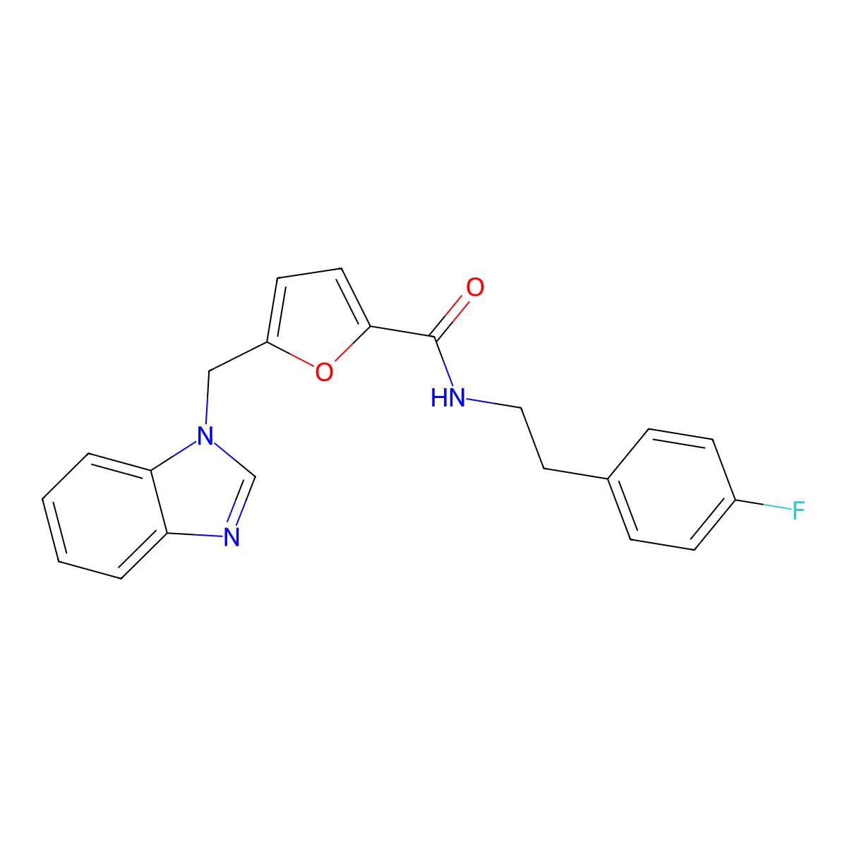 5-((1H-benzo[d]imidazol-1-yl)methyl)-N-(4-fluorophenethyl)furan-2-carboxamide molecular structure, CAS 1172778-48-1