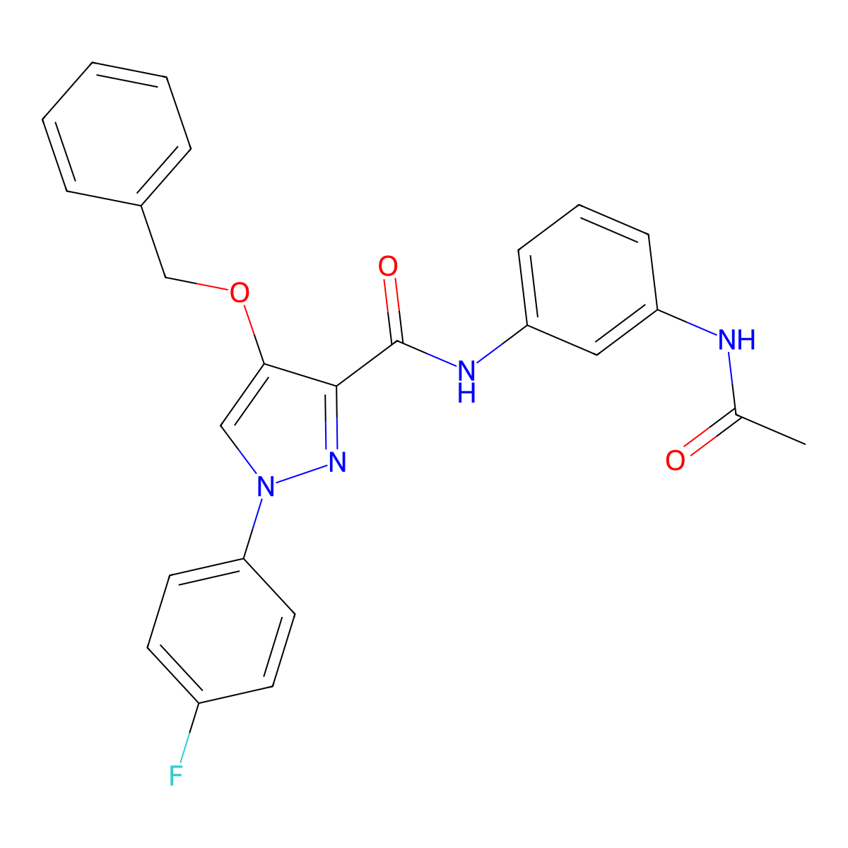 N-(3-acetamidophenyl)-4-(benzyloxy)-1-(4-fluorophenyl)-1H-pyrazole-3-carboxamide molecular structure, CAS 1172779-68-8