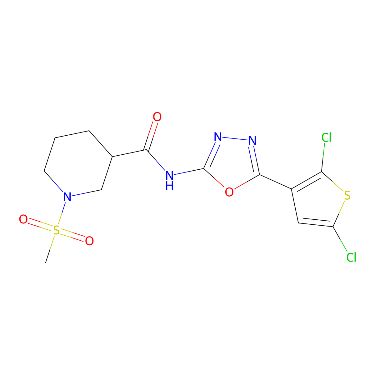 N-[5-(2,5-dichlorothiophen-3-yl)-1,3,4-oxadiazol-2-yl]-1-methanesulfonylpiperidine-3-carboxamide molecular structure, CAS 1172781-77-9