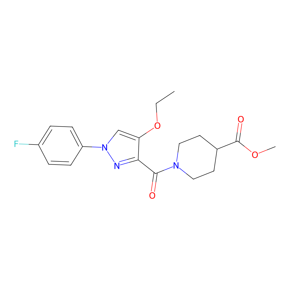 methyl 1-(4-ethoxy-1-(4-fluorophenyl)-1H-pyrazole-3-carbonyl)piperidine-4-carboxylate molecular structure, CAS 1172782-03-4