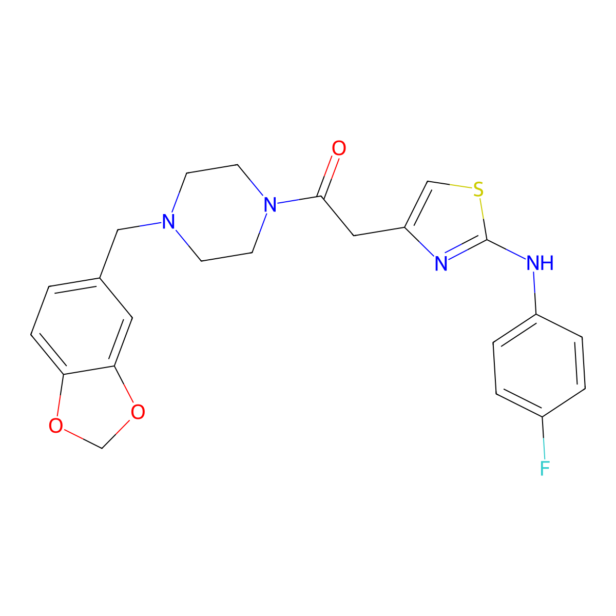 1-(4-(Benzo[d][1,3]dioxol-5-ylmethyl)piperazin-1-yl)-2-(2-((4-fluorophenyl)amino)thiazol-4-yl)ethanone molecular structure, CAS 1172783-67-3