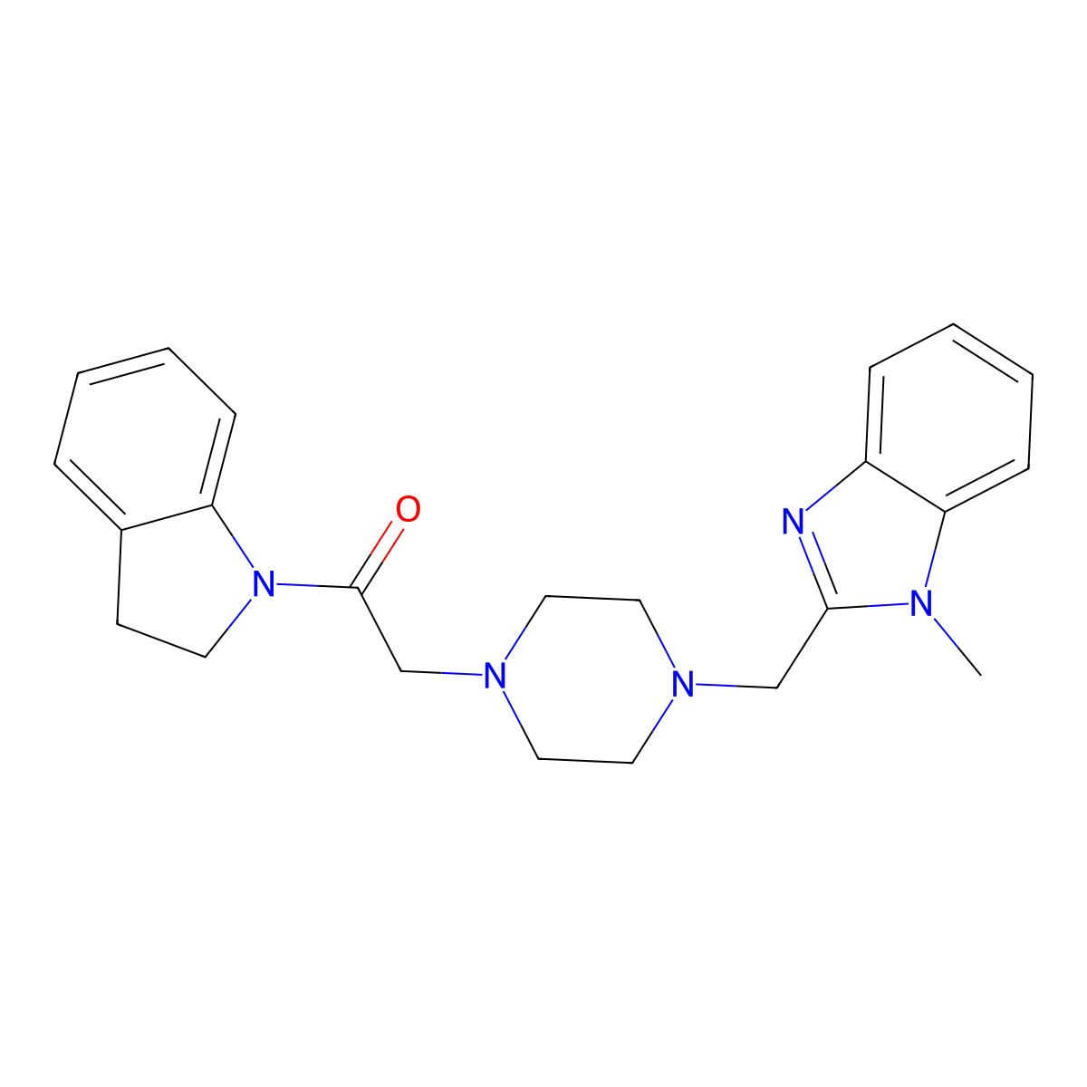 1-(indolin-1-yl)-2-(4-((1-methyl-1H-benzo[d]imidazol-2-yl)methyl)piperazin-1-yl)ethanone molecular structure, CAS 1172785-38-4
