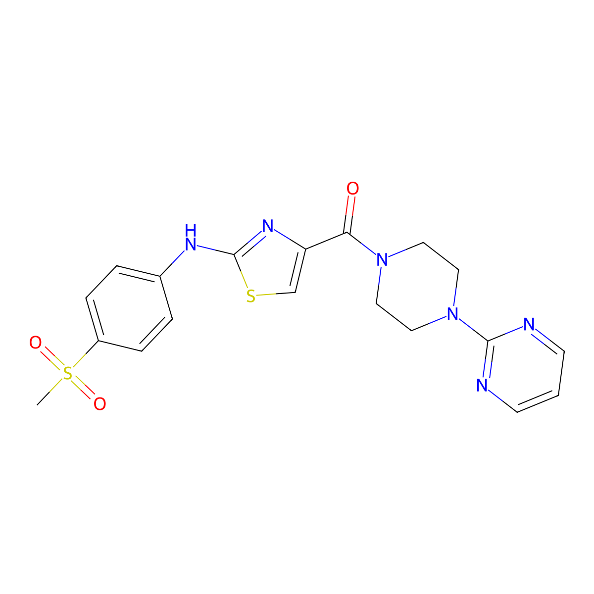 (2-((4-(Methylsulfonyl)phenyl)amino)thiazol-4-yl)(4-(pyrimidin-2-yl)piperazin-1-yl)methanone molecular structure, CAS 1172788-21-4