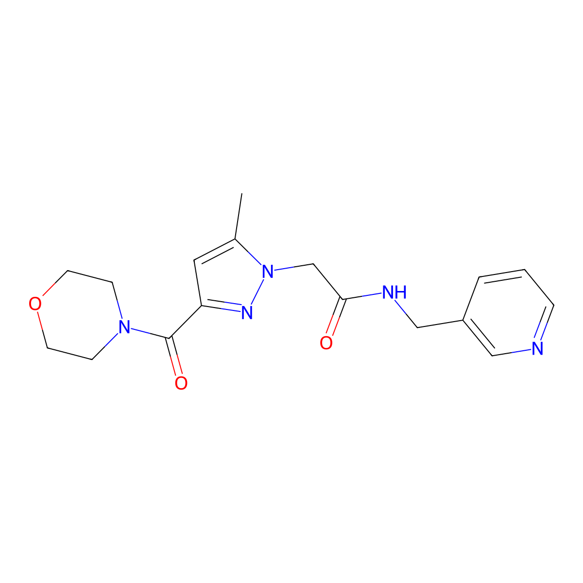 2-(5-methyl-3-(morpholine-4-carbonyl)-1H-pyrazol-1-yl)-N-(pyridin-3-ylmethyl)acetamide molecular structure, CAS 1172793-07-5