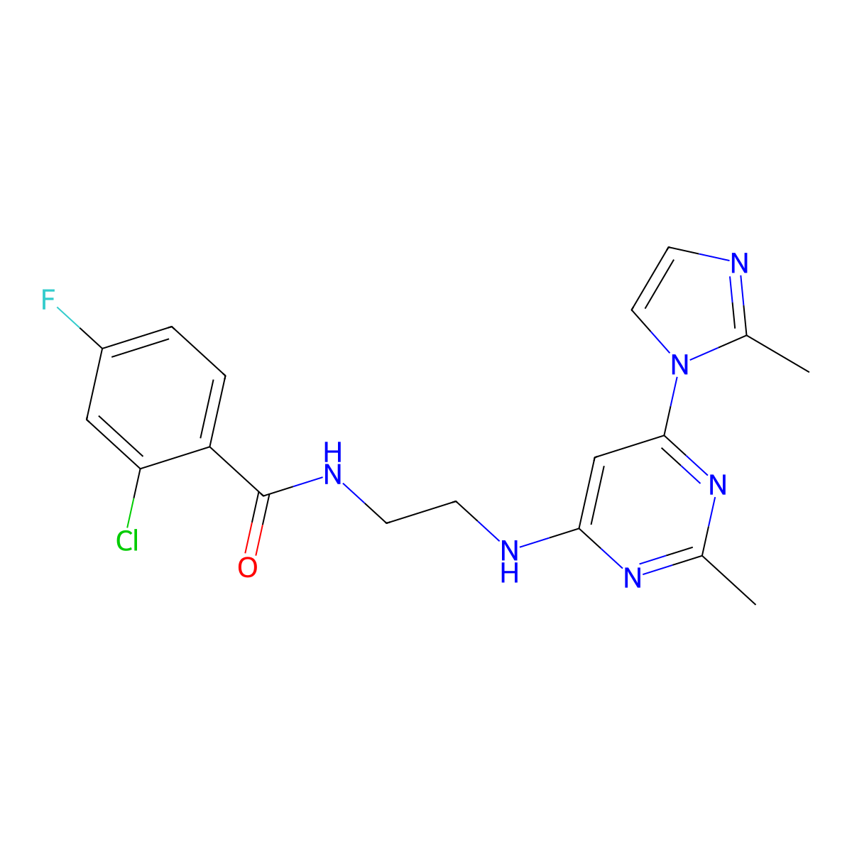 2-chloro-4-fluoro-N-(2-{[2-methyl-6-(2-methyl-1H-imidazol-1-yl)pyrimidin-4-yl]amino}ethyl)benzamide molecular structure, CAS 1172793-30-4