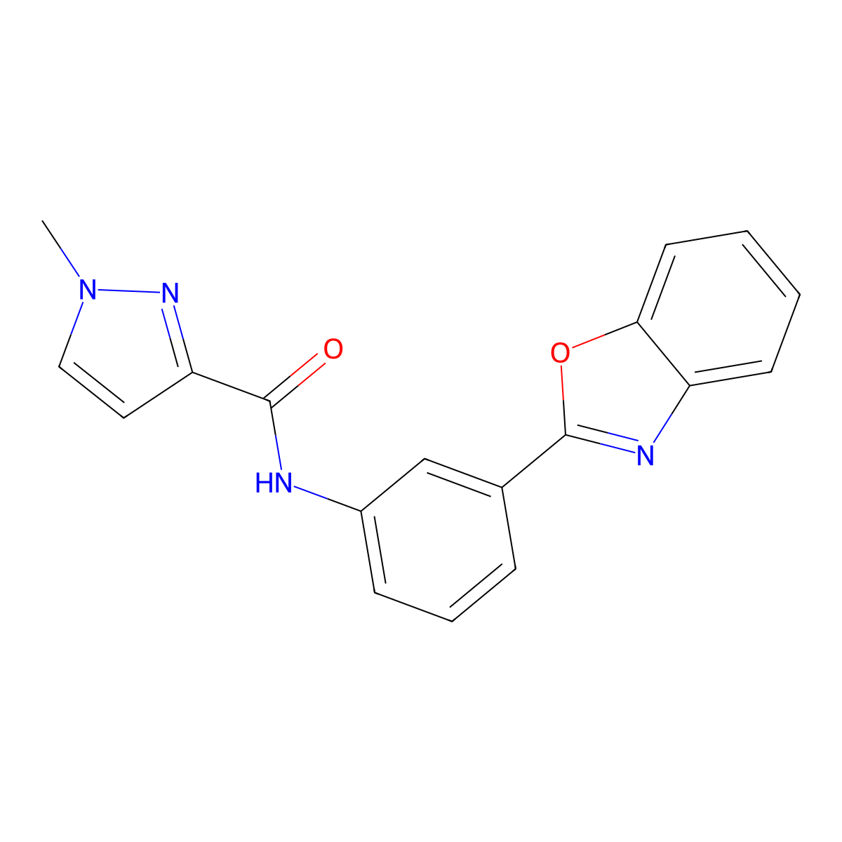 N-(3-(benzo[d]oxazol-2-yl)phenyl)-1-methyl-1H-pyrazole-3-carboxamide molecular structure, CAS 1172793-57-5