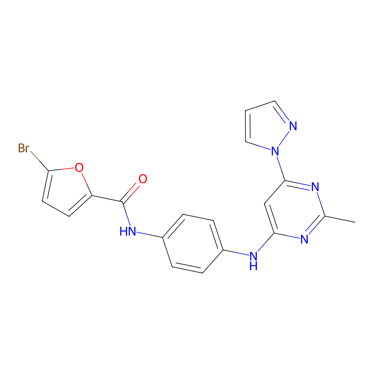 5-bromo-N-(4-((2-methyl-6-(1H-pyrazol-1-yl)pyrimidin-4-yl)amino)phenyl)furan-2-carboxamide molecular structure, CAS 1172795-40-2