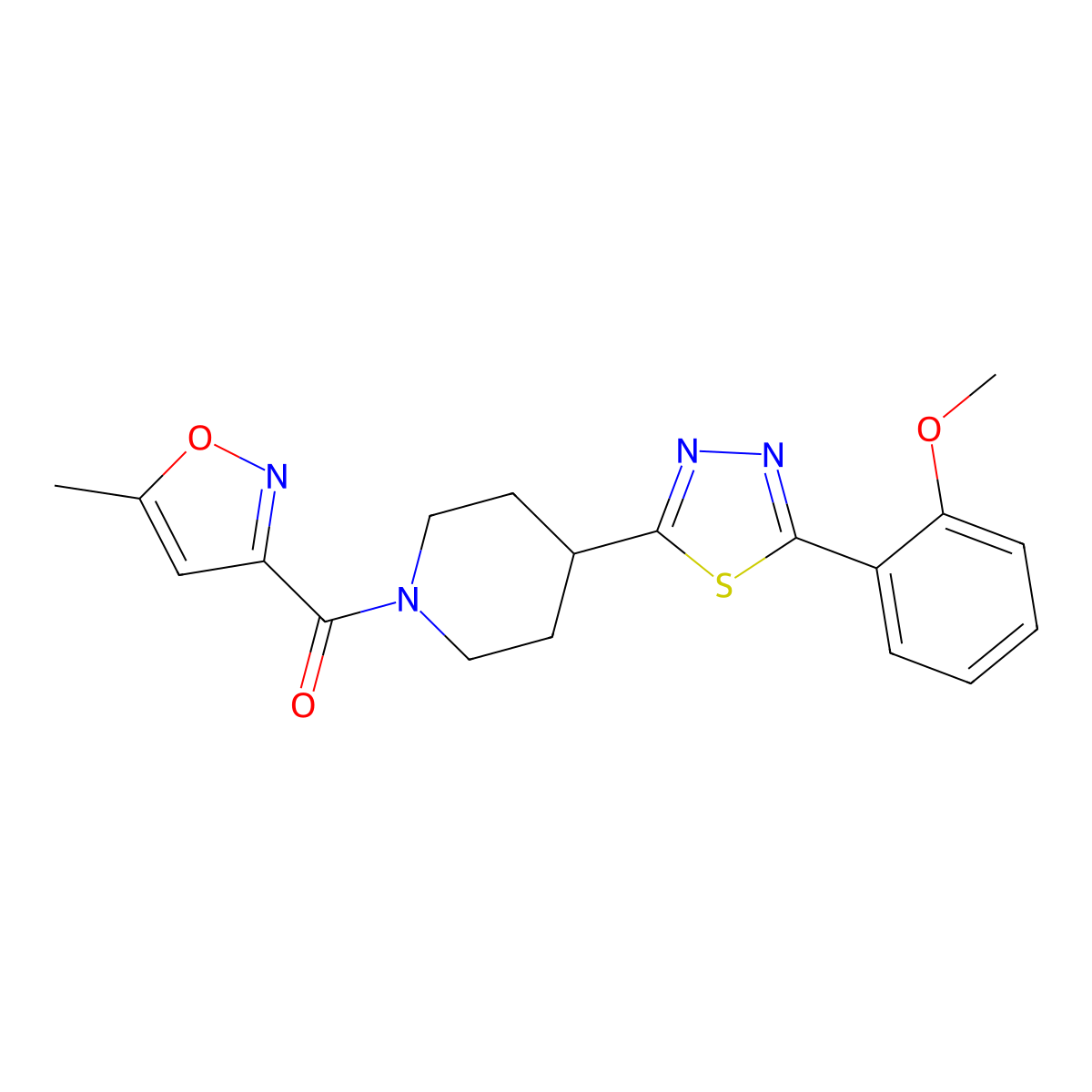 (4-(5-(2-Methoxyphenyl)-1,3,4-thiadiazol-2-yl)piperidin-1-yl)(5-methylisoxazol-3-yl)methanone molecular structure, CAS 1172795-44-6