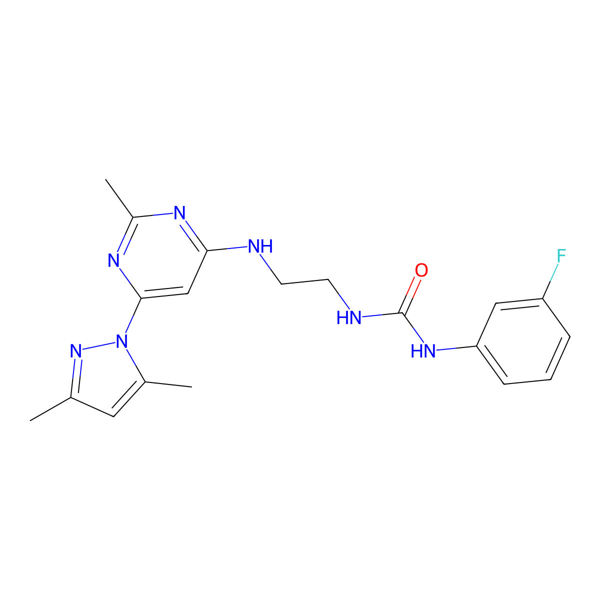 1-(2-((6-(3,5-dimethyl-1H-pyrazol-1-yl)-2-methylpyrimidin-4-yl)amino)ethyl)-3-(3-fluorophenyl)urea molecular structure, CAS 1172796-10-9