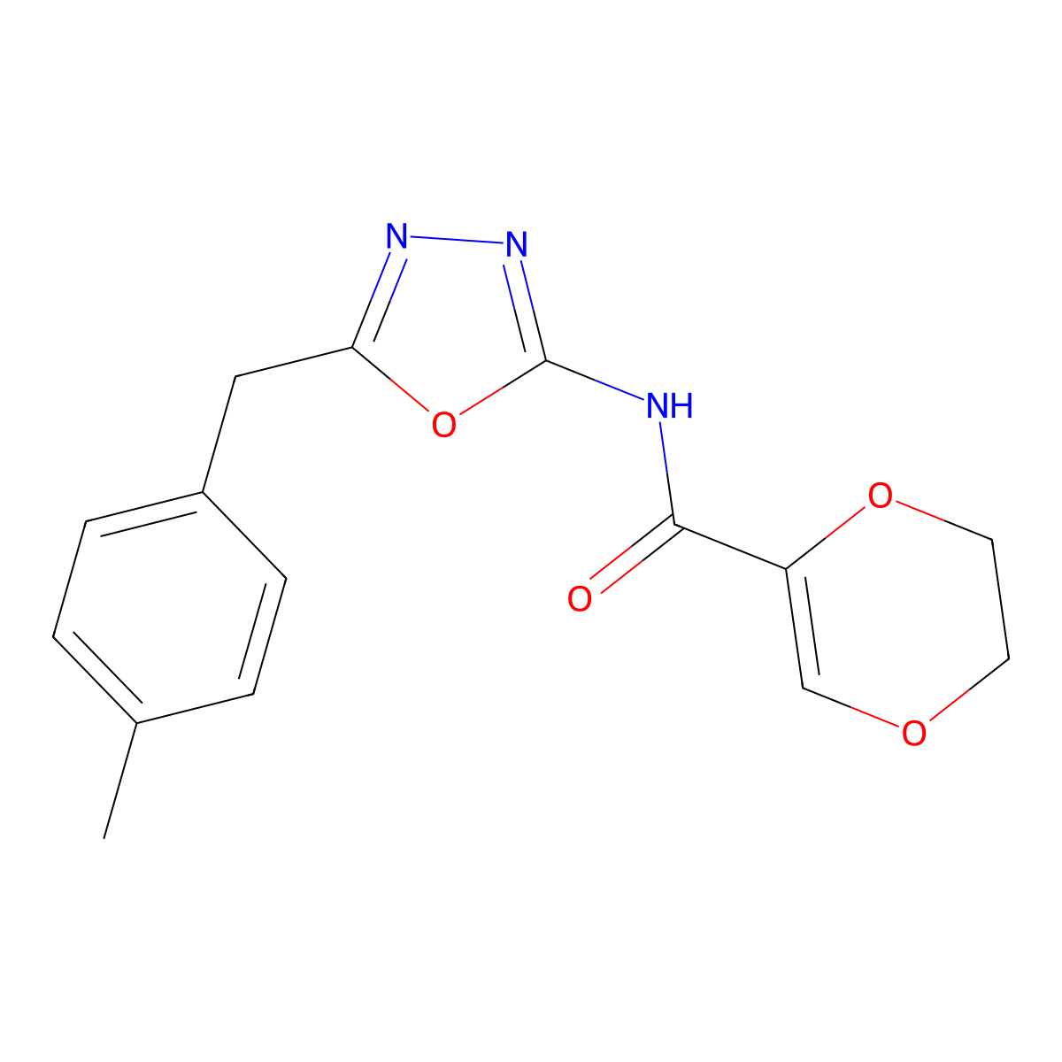 N-(5-(4-methylbenzyl)-1,3,4-oxadiazol-2-yl)-5,6-dihydro-1,4-dioxine-2-carboxamide molecular structure, CAS 1172798-28-5
