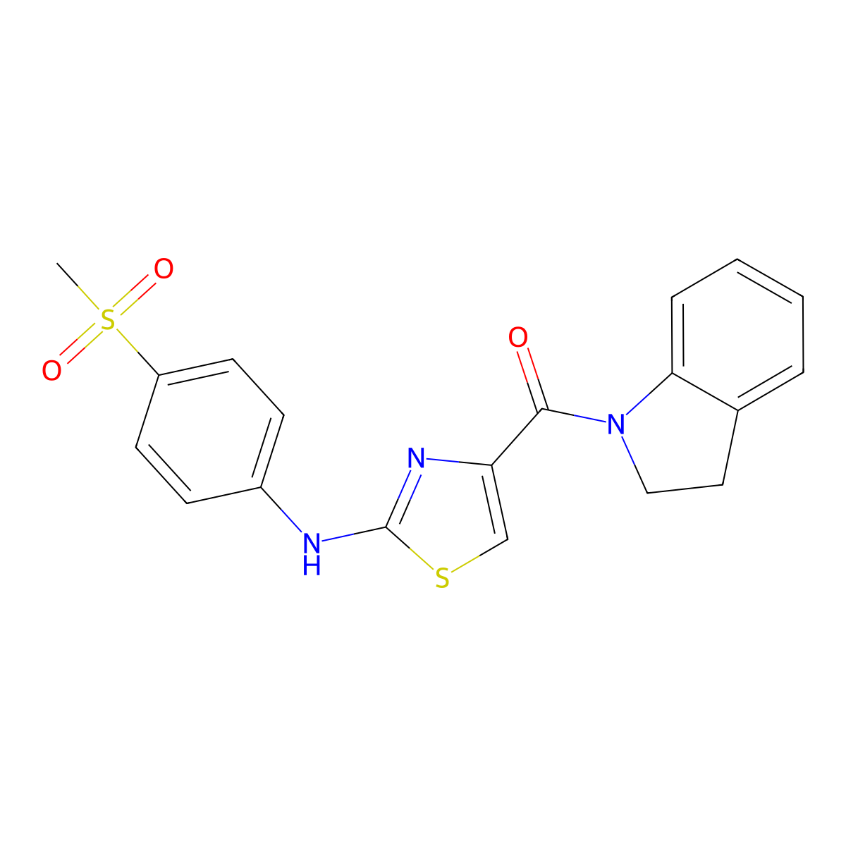Indolin-1-yl(2-((4-(methylsulfonyl)phenyl)amino)thiazol-4-yl)methanone molecular structure, CAS 1172800-70-2